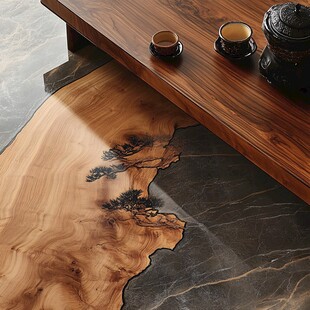 中式原木茶桌与茶具之美