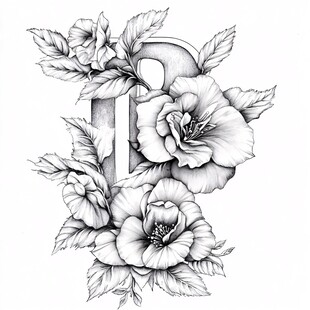 花卉装饰的字母D艺术图案