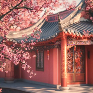 古风建筑旁的烂漫樱花