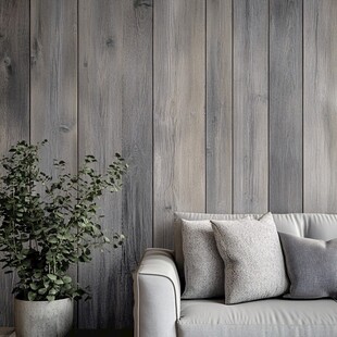 浅灰木质墙配简约沙发绿植