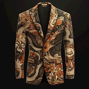 中式龙纹印花男士西装外套