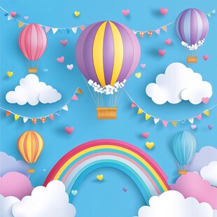 梦幻天空中的热气球与彩虹