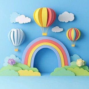 梦幻纸艺彩虹热气球场景
