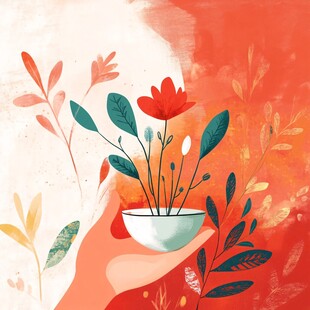 手捧花盆的自然插画