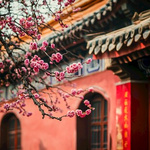 古建前绽放的艳丽花枝