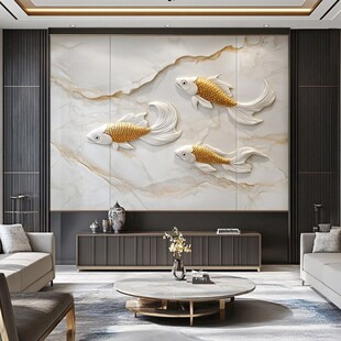 客厅中式浮雕金鱼背景墙