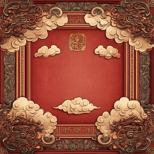 中式古典红底云纹边框图案