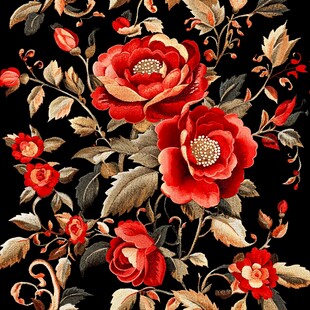 黑色底上的华丽红花卉图案