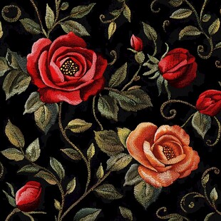 刺绣红玫瑰黑色背景图案