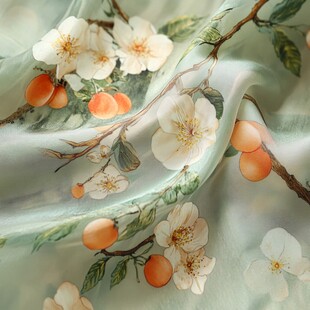 浅绿底花卉果实印花丝绸