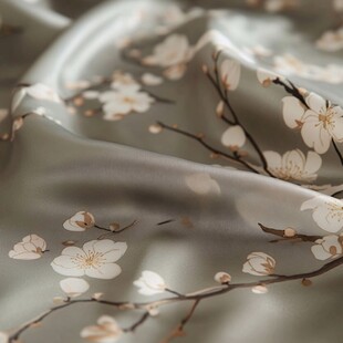 樱花印花丝绸布料特写