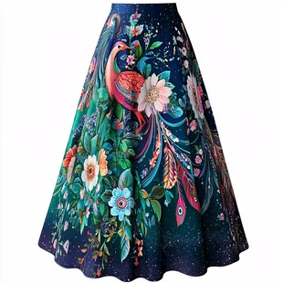 花卉孔雀图案复古半身裙