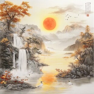 秋日山水间的壮丽日出