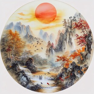 旭日山林间 秋景山水图