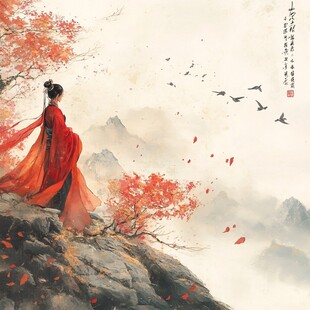 红衣女子立崖赏秋景