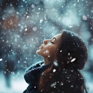 雪中女子闭眼享受飘雪时刻
