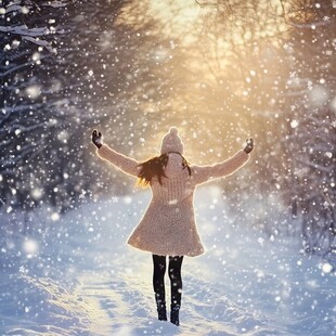 冬日少女雪中张开双臂