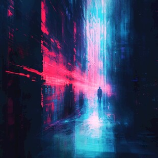 霓虹夜色下的孤独行人