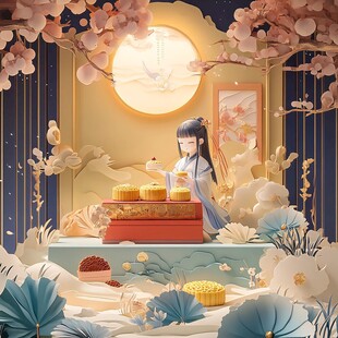 少女赏月品月饼古风场景