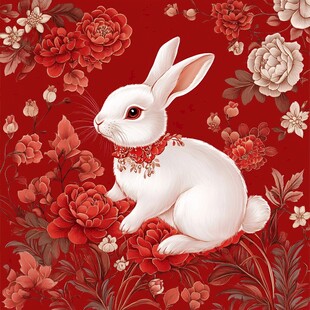 红底繁花间的可爱白兔