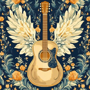 带翅膀的梦幻吉他插画