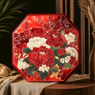 八角红盘绘繁花锦绣