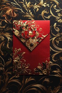 中式奢华红金雕花信封