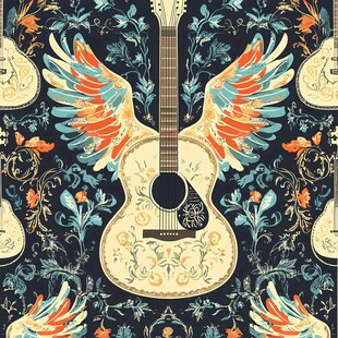 带翅膀吉他的复古花卉图案