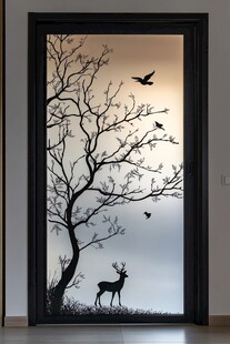 门饰上的鹿树飞鸟剪影