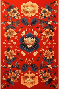 中式红底繁花传统纹样