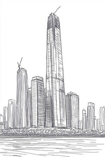 城市摩天大楼手绘景观图