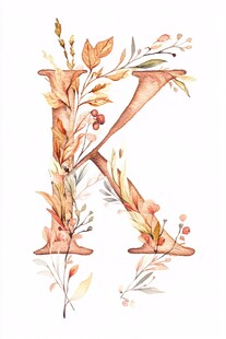 水彩绘秋季花卉字母K