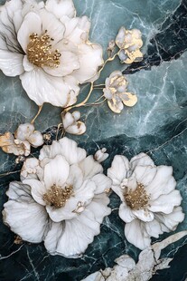 玉白繁花饰于墨绿石面