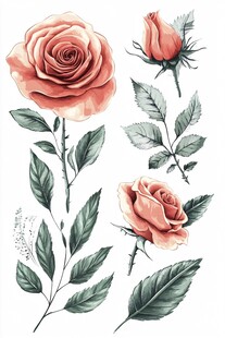 手绘粉色玫瑰及枝叶图案