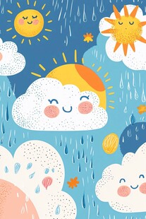 可爱云朵太阳雨天插画