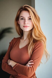 红发女子身着棕衣优雅姿态