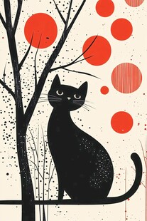 黑猫栖于树枝的简约插画