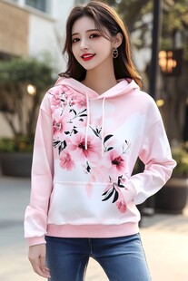 粉色花卉连帽卫衣穿搭展示