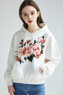 花卉印花白色连帽卫衣
