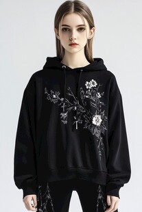 黑色花卉刺绣连帽卫衣