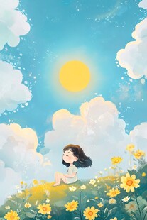 女孩坐于花海仰望暖阳