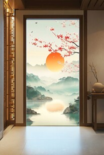 中式玄关处的山水落日美景