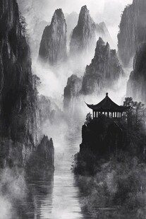 水墨山水间的孤亭幽景