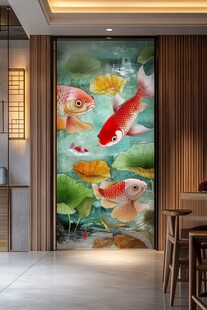 中式玄关锦鲤荷叶艺术画