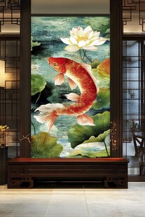 中式玄关锦鲤荷花装饰画
