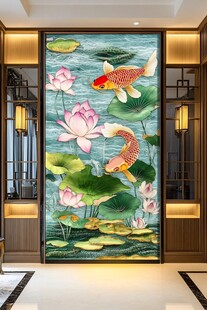 中式玄关荷花锦鲤精美壁画
