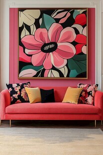 粉色沙发配绚丽花卉挂画