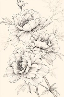 黑白工笔牡丹花卉线稿图
