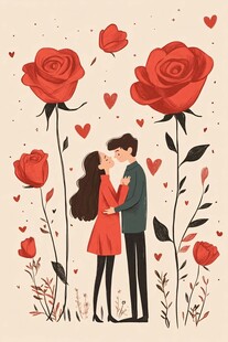 浪漫情侣在玫瑰丛中亲吻