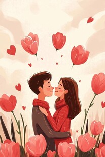 情侣花海中甜蜜亲吻